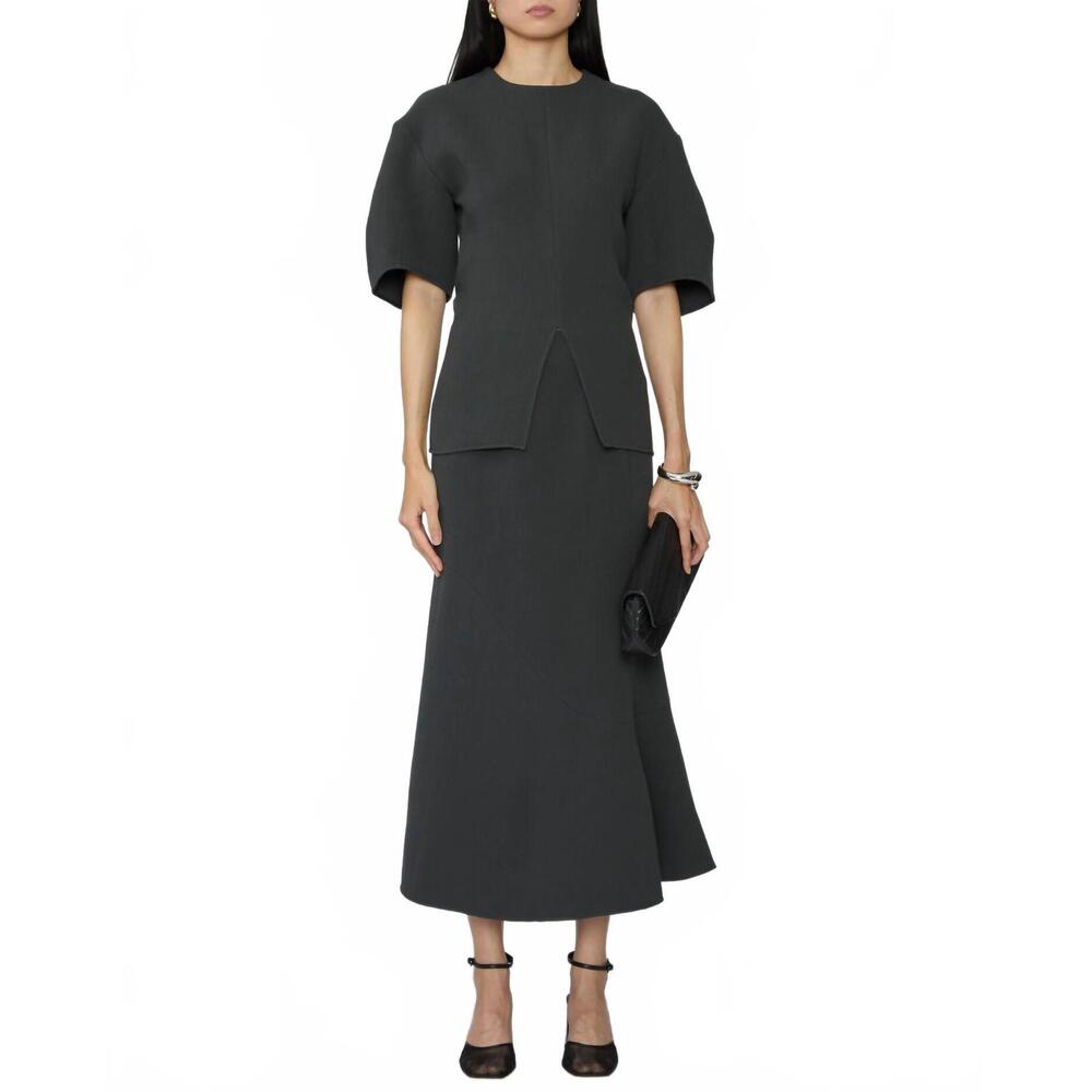 NEW TIBI wool crepe marte fluid skirt in dark grey